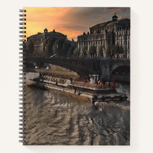 Paris Rivier Muurkunst Stadsgezicht Zonsondergang Notitieboek