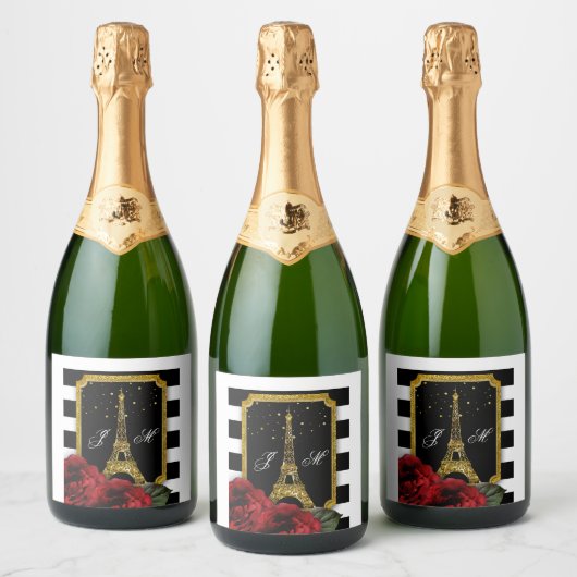 Paris Roos Eiffeltoren witte streep Sparkling Wijnetiket (Flessen)