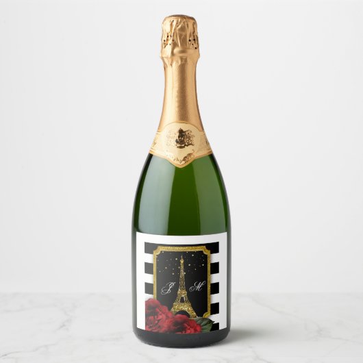 Paris Roos Eiffeltoren witte streep Sparkling Wijnetiket (Voorkant)