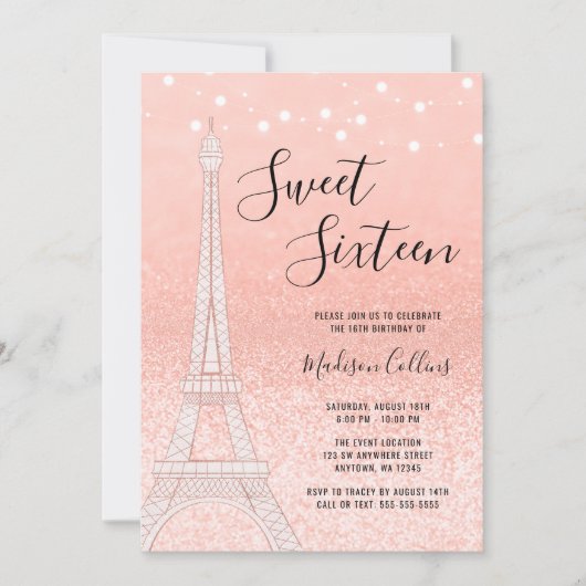 Paris Roos Gold Glitter Lights Sweet 16 Kaart (Voorkant)