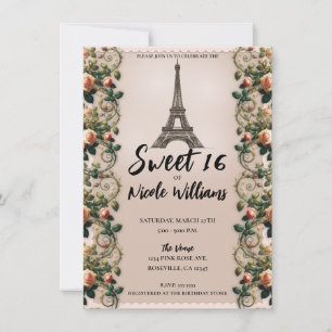 Paris Roze Rozenranken Eiffeltoren Sweet 16 Kaart
