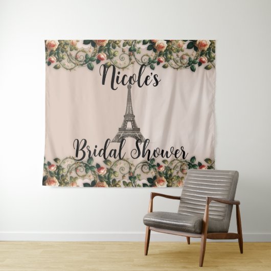 Paris Roze wijnstokken Eiffeltoren Shabby Chic Wandkleed (In Situ (horizontaal))