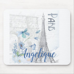 Paris Scene and Blue Flowers Custom Muismat