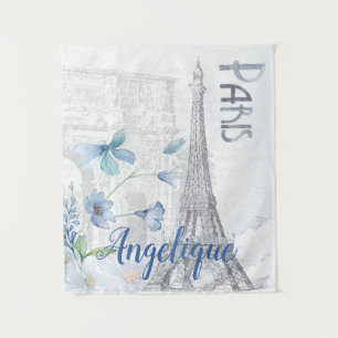 Paris Scene and Blue Flowers Custom Wandkleed