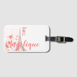 Paris Scene and Pink Flowers Custom Bagagelabel