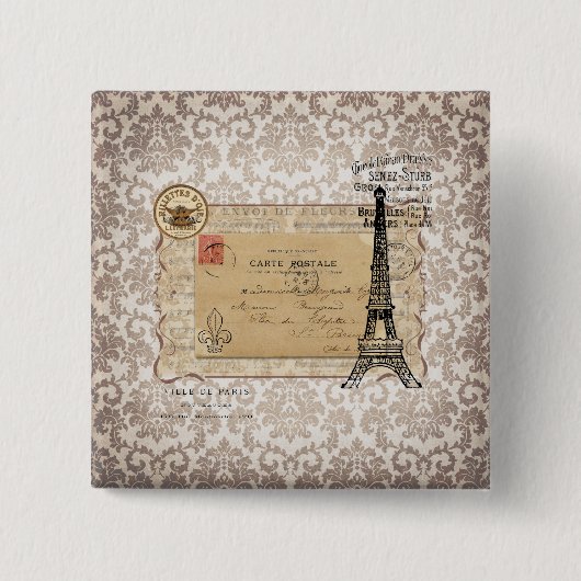 Paris Shabby Chic Eiffel Tower Vierkante Button 5,1 Cm (Voorkant)