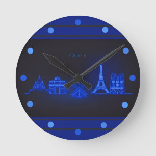 Paris Skline Neon Blauwe Stadssilhouet Muur Ronde Klok