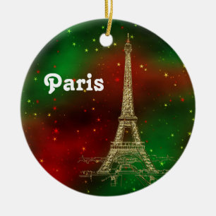 Paris Skyline Eiffel Tower Red Green Starry Xmas Keramisch Ornament