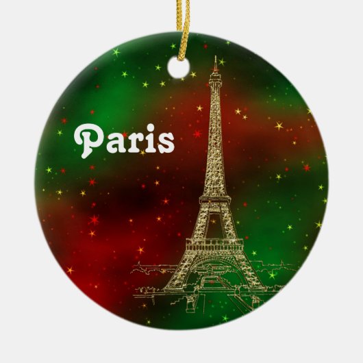 Paris Skyline Eiffel Tower Red Green Starry Xmas Keramisch Ornament (Voorkant)