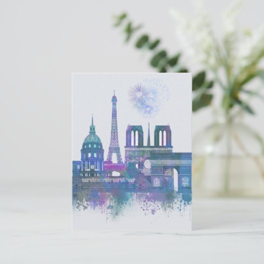 Paris Skyline - Waterverf Blue Briefkaart (Staand voorkant)