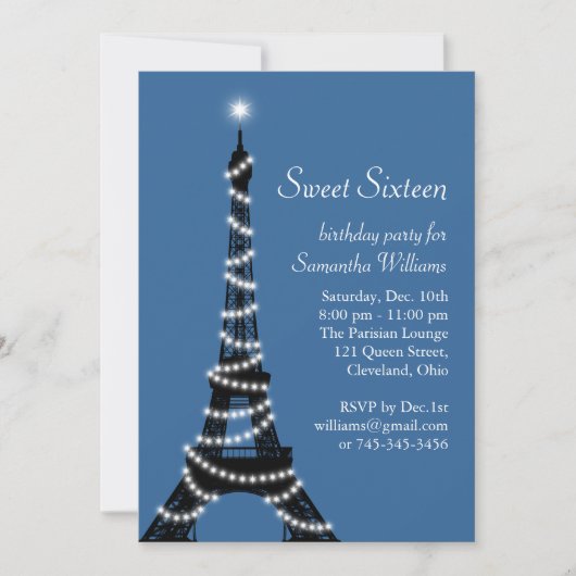 Paris Sweet 16 Invitation in blue Kaart (Voorkant)