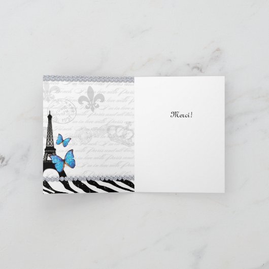 Paris Thank You Card Eiffel Tower Butterfly Zebra Bedankkaart (Binnen)
