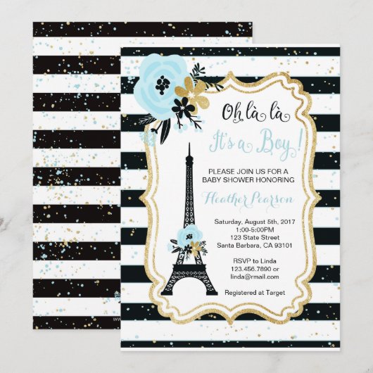 Paris Theme Baby shower Invitation - Blauw Kaart (Voorkant / Achterkant)