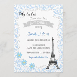 Paris Theme Baby shower Invitation Blue Kaart