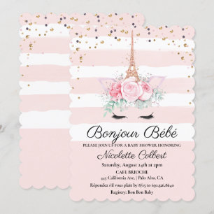 Paris Theme Eenhoorn Bloemen Baby shower Uitnodigi Kaart