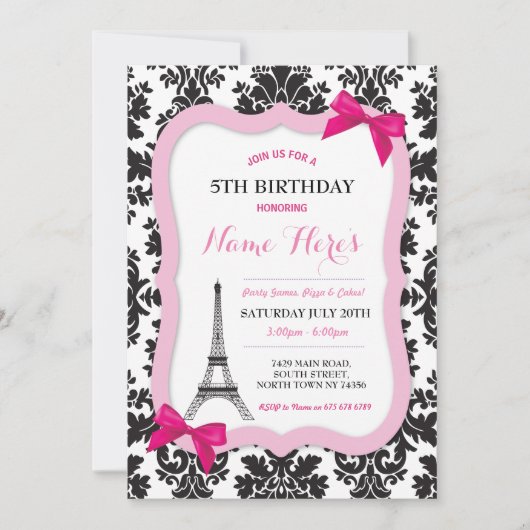 Paris Tour Eiffel Bow Damask Invitation d'annivers (Devant)