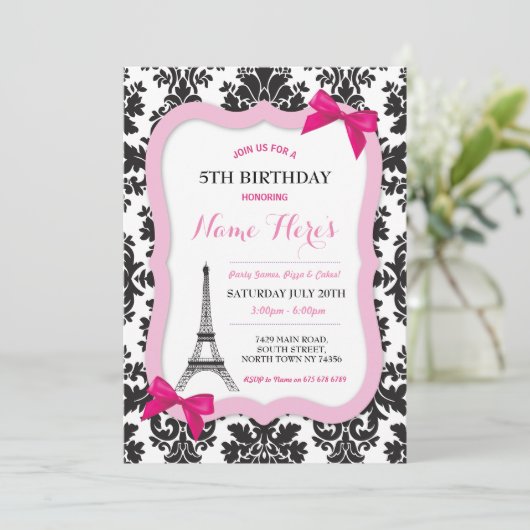 Paris Tour Eiffel Bow Damask Invitation d'annivers (Debout devant)