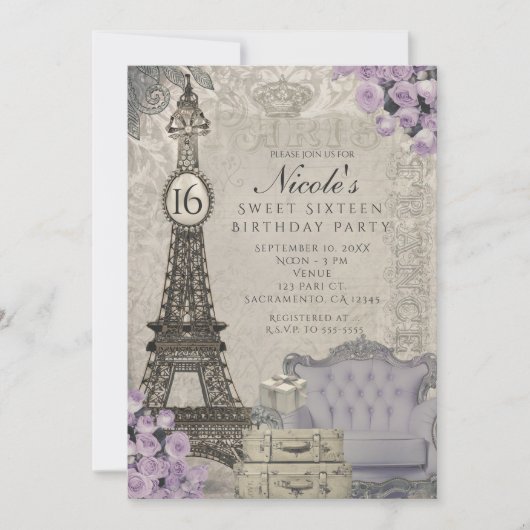 Paris Tour Eiffel Purple Rose Invitations (Devant)
