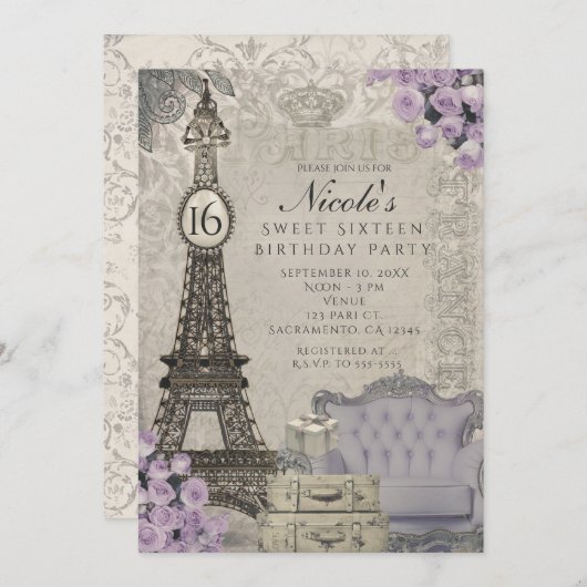 Paris Tour Eiffel Purple Rose Invitations (Devant / Derrière)