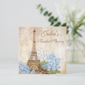 Paris Vintage Blauwe Hortensia Bruiloft Feest Kaart (Staand voorkant)