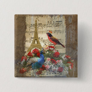 Paris & vogelmuziek bladcollage Vierkante Button 5,1 Cm