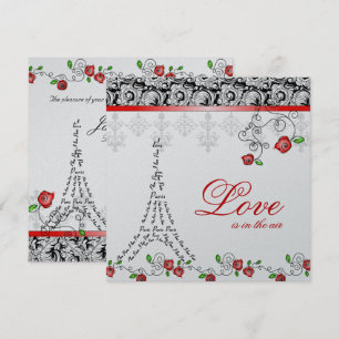 Paris Wedding Invite Red Roses Silver Black White Kaart