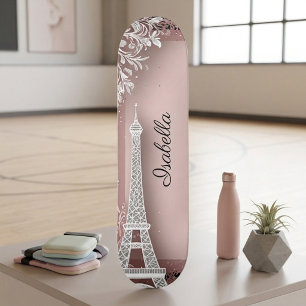 Parisiaanse Vintage Roze Glitter Eiffeltoren Skateboard
