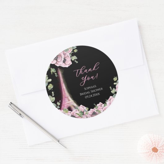 Parisian Black Pink Floral Bridal Shower Sticker (Enveloppe)