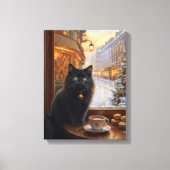 Parisian Christmas Cat – Whimsical Black Cat Café  Canvas Afdruk (Voorkant)