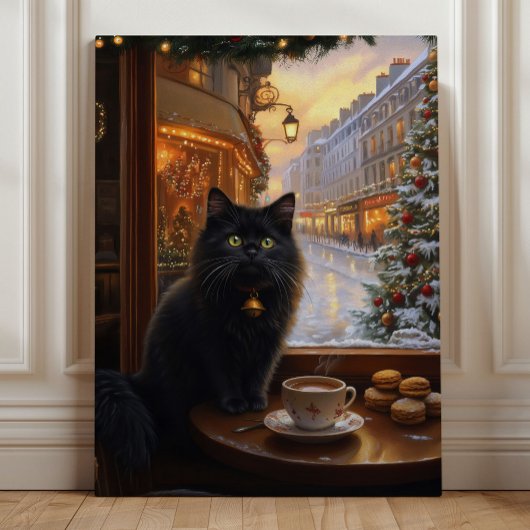 Parisian Christmas Cat – Whimsical Black Cat Café  Canvas Afdruk