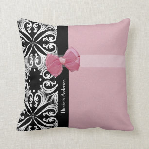 Parisian Damask roze en Black Chic Bow met naam Kussen