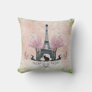 Parisian Eiffel Tower Cat and Cherry Blossom Kussen