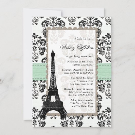 Parisian Mint en Black Bridal Shower Invitations Kaart (Voorkant)