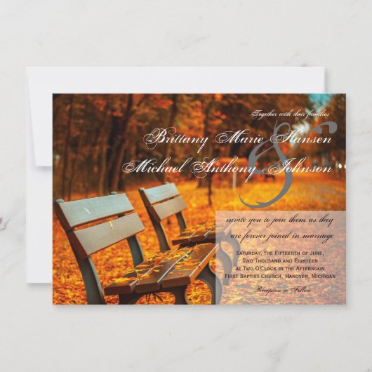 Park Bench Fall Leaves Wedding Invitations Kaart (Voorkant)