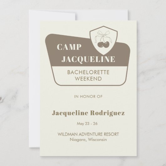 Park Camp Theme Bachelorette Weekendschema Kaart (Voorkant)