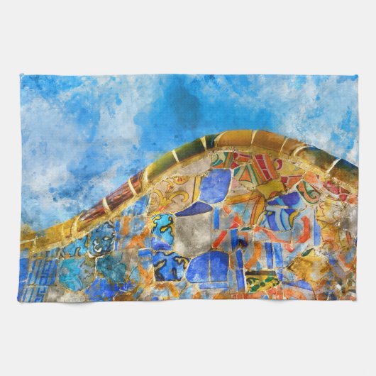 Park Guell in Barcelona, Spanje Theedoek (Horizontaal)