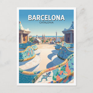 Park Güell Mozaïek Terras Barcelona Spanje Reizen Briefkaart