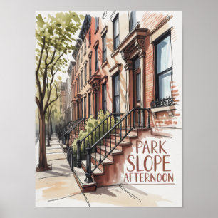 Park Slope Middag Bruinstenen Aquarel Poster