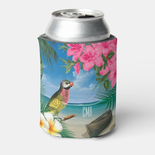  parkiet op een ontwerp van de tropische oceaan blikjeskoeler (Blikje Achterkant)