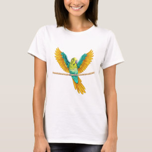 Parkiet zittend op een touw met open vleugels t-shirt
