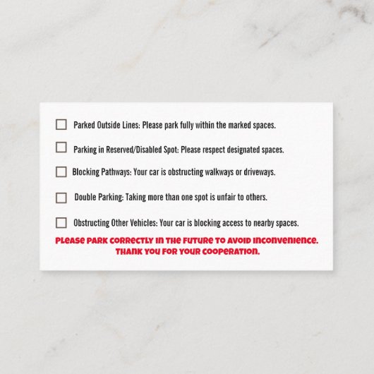 Parking Incorrectly complaint card Visitekaartje (Achterkant)