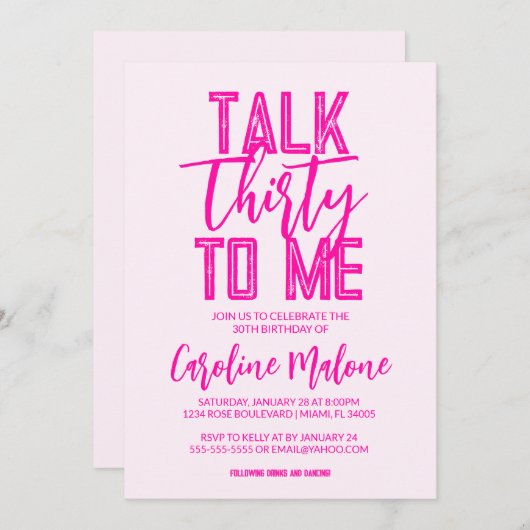 Parlez Trente À Moi Pink Invitation Anniversaire (Devant / Derrière)