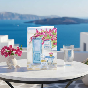 Paros Griekenland Blauwe Deur & Bougainvillea Aqua Kaart