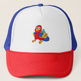 Parrot als student met rugzak trucker pet