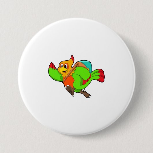Parrot als wandelaar met rugzak ronde button 7,6 cm (Voorkant)