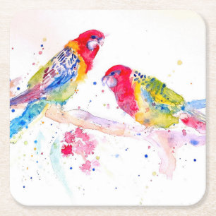 Parrot art Waterverf Painting Aqua Blauwgroen Vierkante Kartonnen Onderzetter