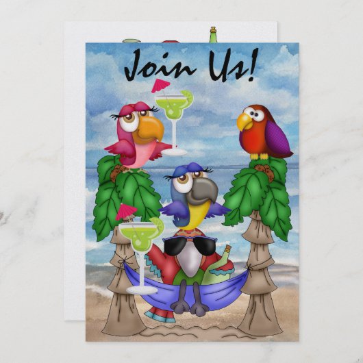 Parrot Beach Party Uitnodiging - SRF (Voorkant / Achterkant)