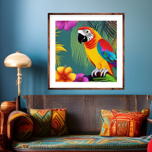 Parrot Bird Tropical Floral palms blauw paars rood Poster