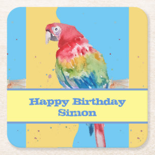 Parrot Macaw Blue Bird Birthday Boys Mannen naam Vierkante Kartonnen Onderzetter