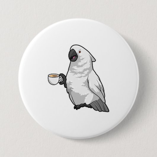 Parrot met beker koffie ronde button 7,6 cm (Voorkant)